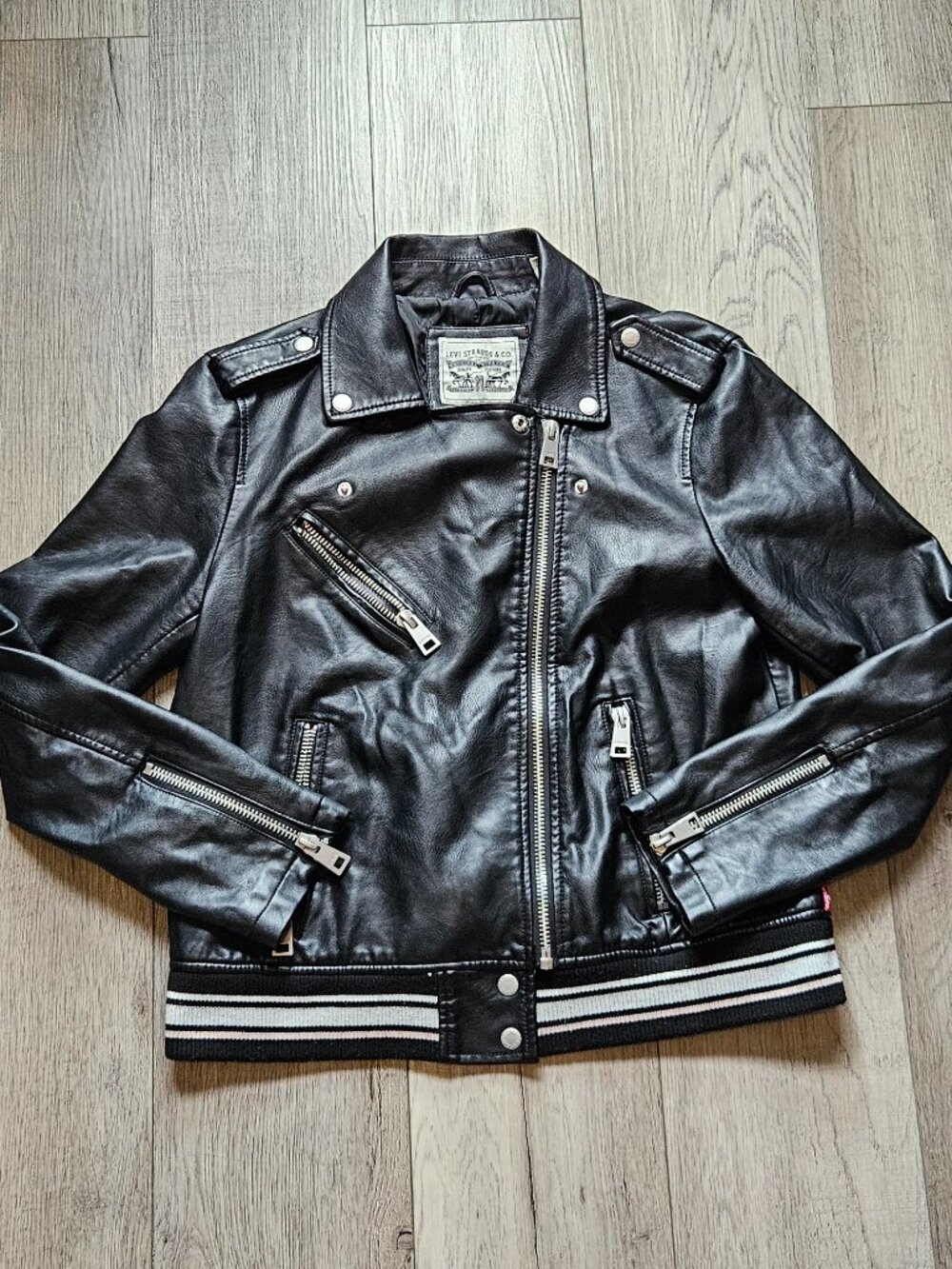 Levi's Black Faux Leather Bomber Jacket Striped Ribbed Trim Women's Size Large
